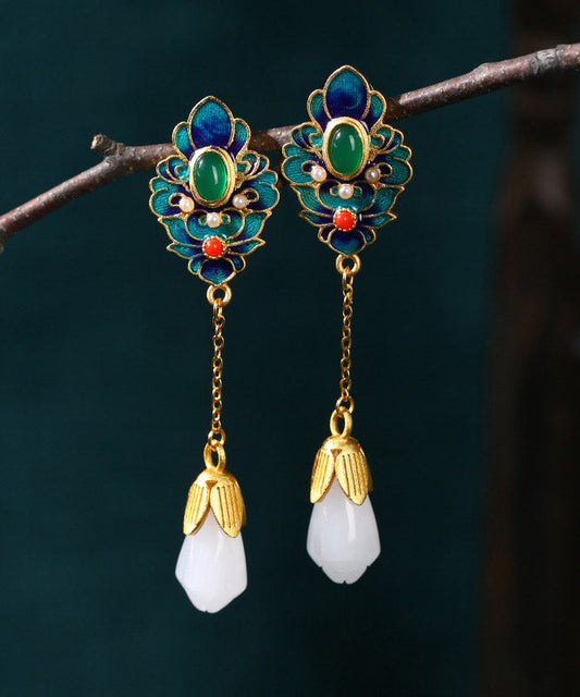 Blue Jade Enamel Agate Orchid Drop Earrings