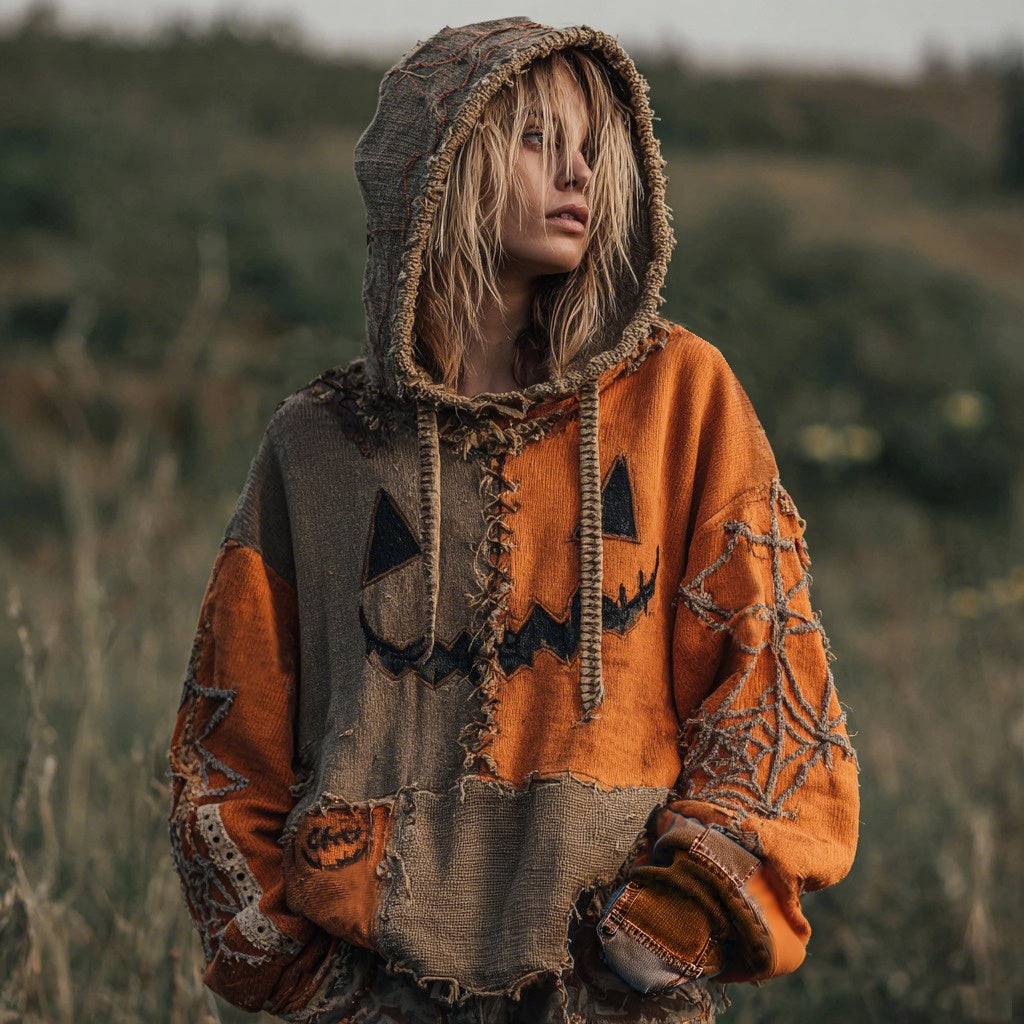 Comstylish Halloween Pumpkin Face Patchwork Design Cozy Hoodie