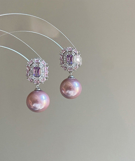 Modern Purple Copper Zircon Crystal Pearl Drop Earrings