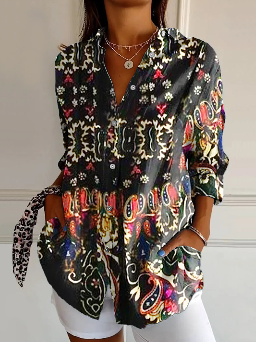 Women's Retro Ethnic Flower Pattern Art Print Casual Cotton Shirt