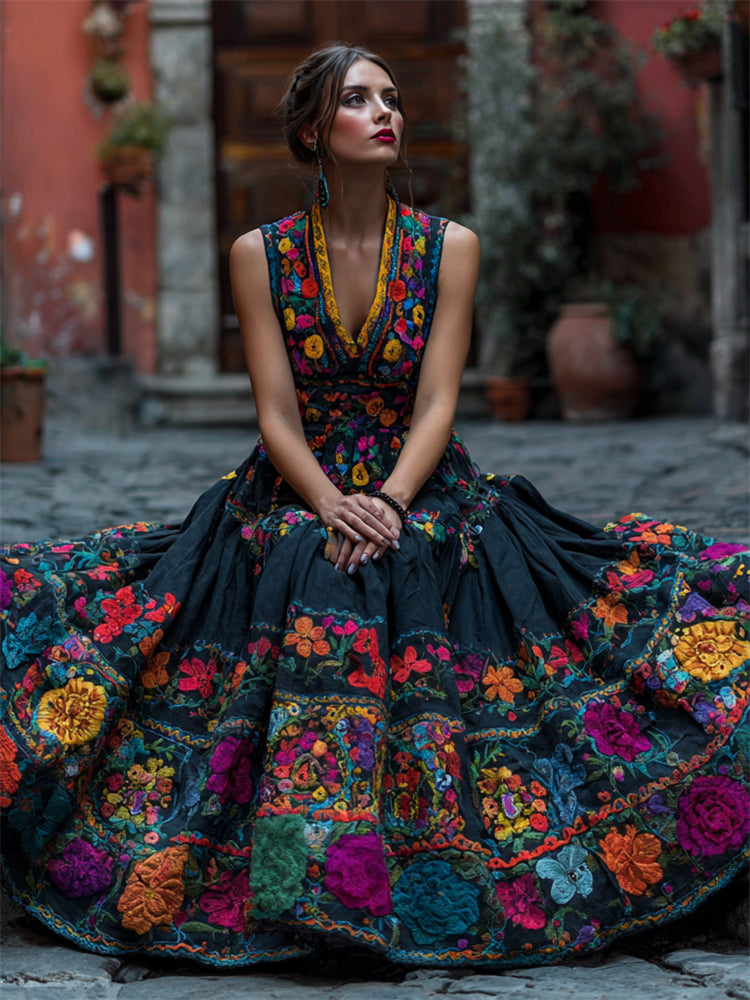 Comstylish Day Of The Dead Mexican Floral Embroidered Linen Maxi Dress