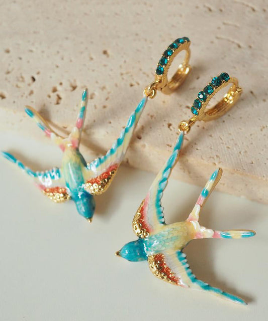 Rainbow Copper Alloy Enamel Gem Stone Swallow Drop Earrings