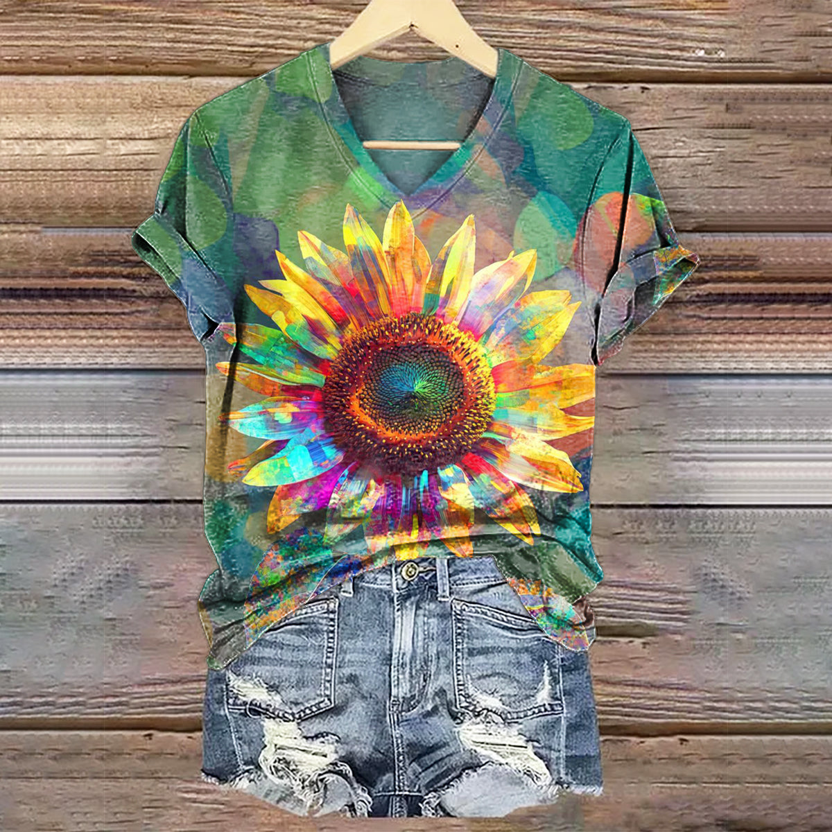 Women's Sunflower Art Print V-Neck Casual T-Shirt