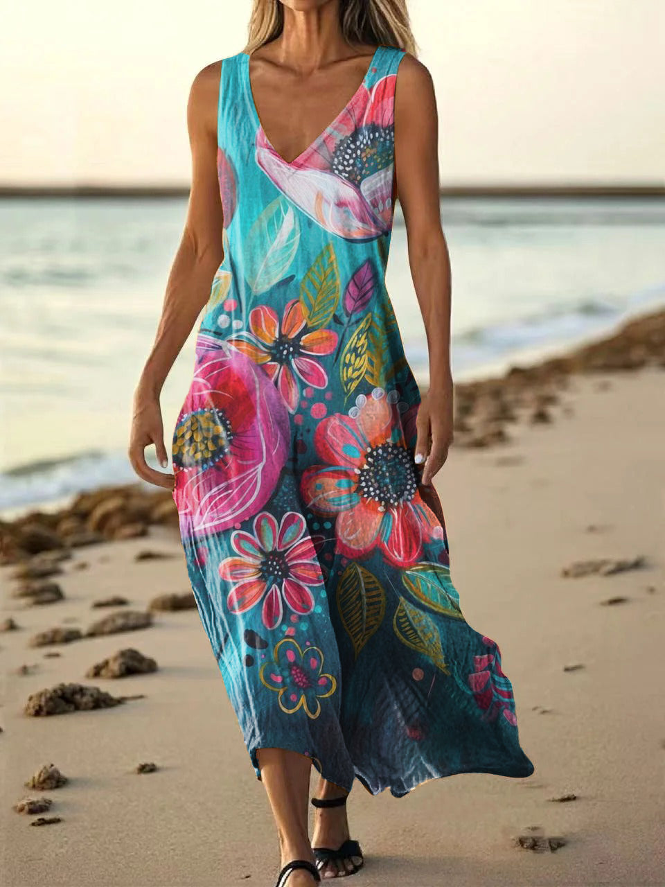 Women's Floral Art Print Pocket Cotton Dresses