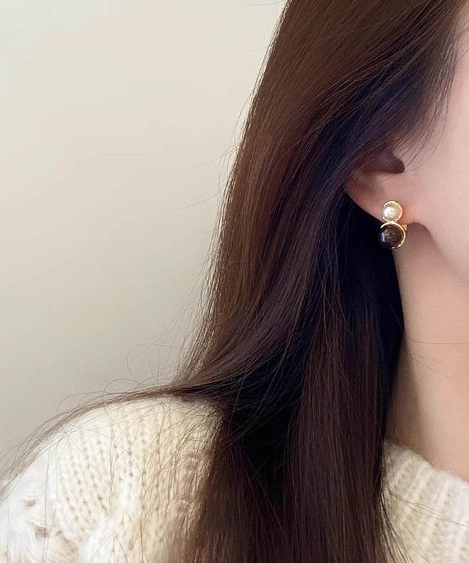 Gold Copper Alloy Cat Eye Stone Pearl Hoop Earrings