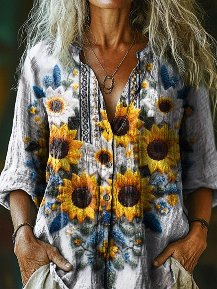Women's Bohemian Floral Art Print Casual Cotton Linen Shirt