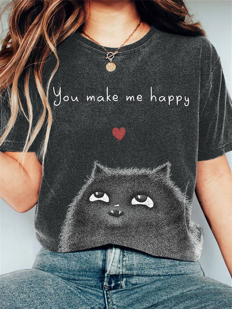 Comstylish Women's Fluffy Cat Print Vintage Short Sleeve T-Shirt