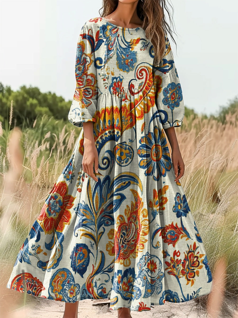 Women's Folk Paisley Floral Art Print Flowy Cotton Crew Neck Dress
