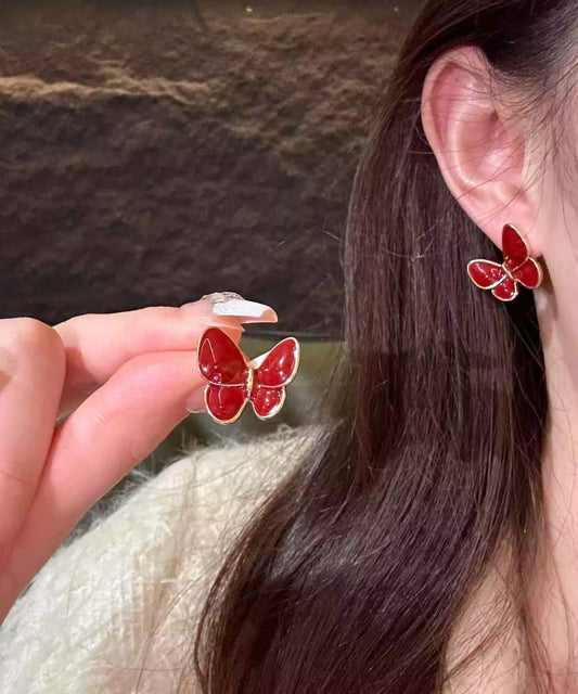 Boutique Red Copper Overgild Butterfly Stud Earrings