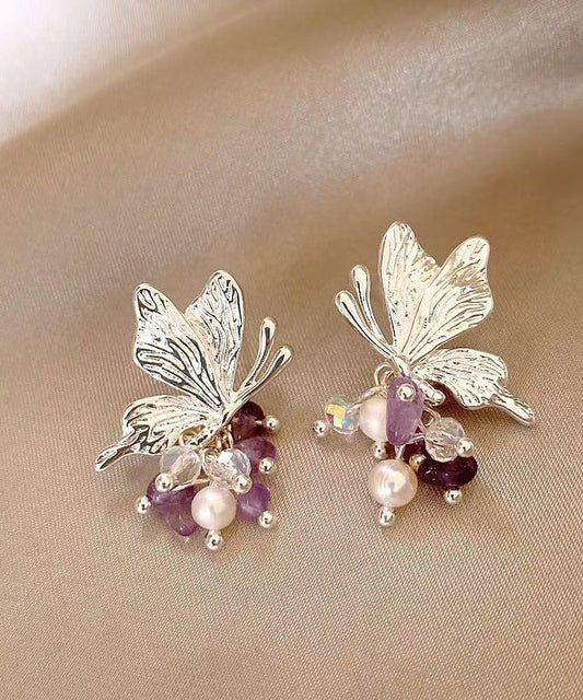 Purple Copper Alloy Zircon Butterfly Pearl Stud Earrings
