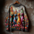 Boho Colorful Cats Floral Embroidered Cozy Knit Sweater elevenforest