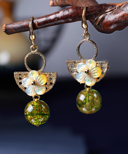 Handmade Green Copper Glaze Shell Flower Drop Earrings