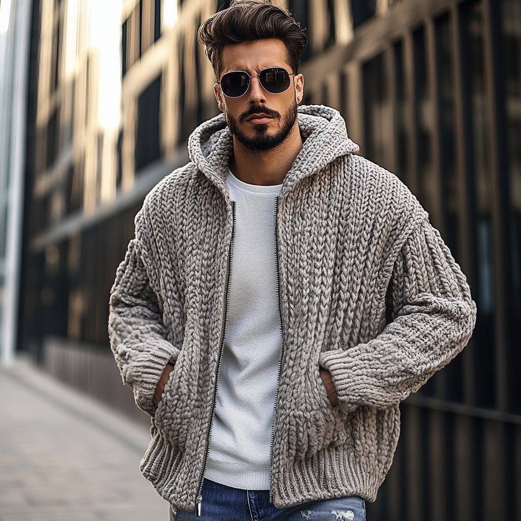 Vintage Chunky Knit Zipper Cropped Hooded Cardigan artswardrobe