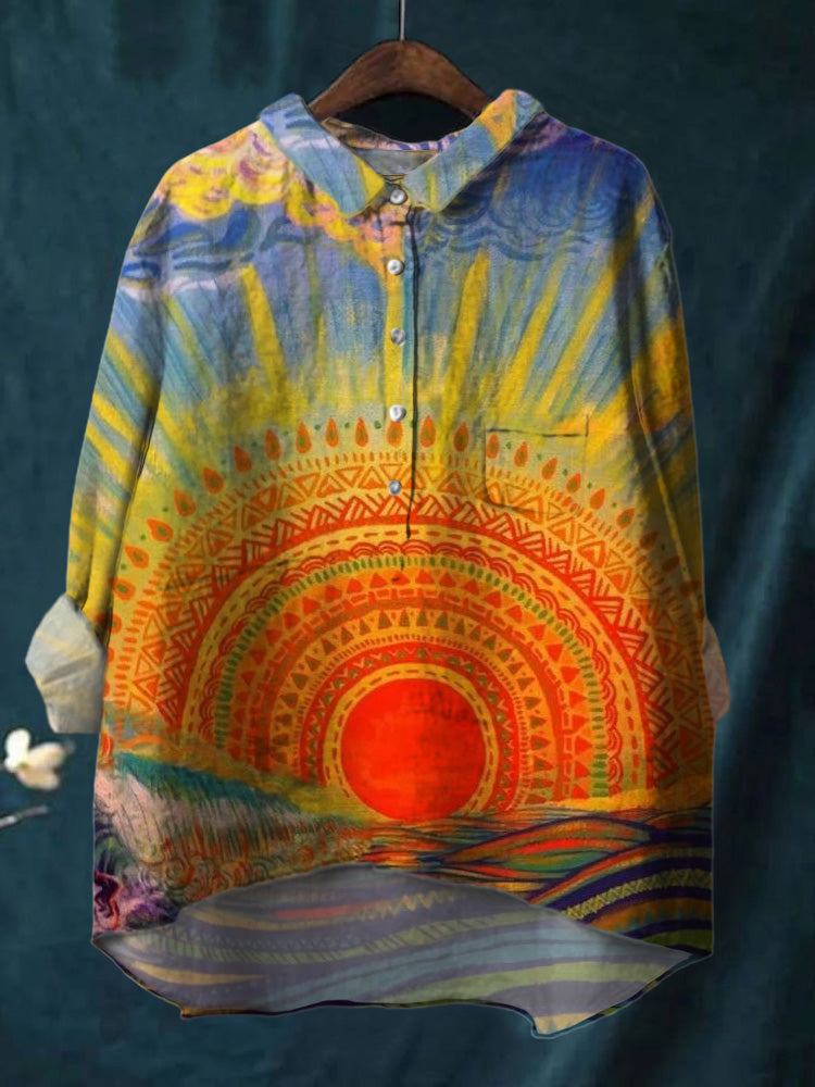 Colorful Sunset Sea Clouds Cotton And Linen Shirt