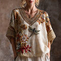 Bohemian Style Three-dimensional Dragonfly Embroidery Linen Texture Vintage V-neck Short-sleeved Shirt artswardrobe