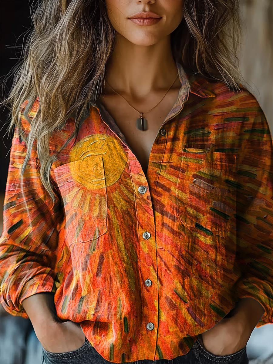 Women's Colorful Sun Print Casual Long Sleeve Comfortable Cotton Shirt