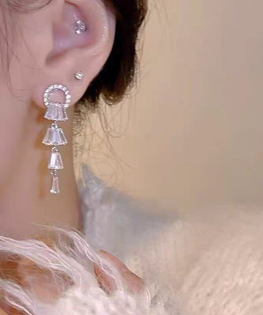 White Alloy Zircon Tassel Drop Earrings