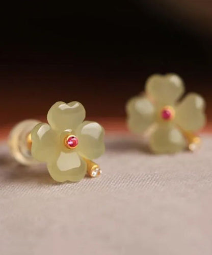 Light Green Sterling Silver Jade Zircon Four Leaf Clover Stud Earrings
