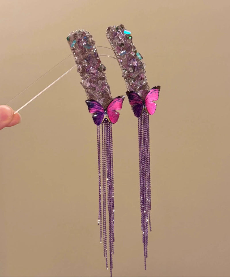 Stylish Purple Alloy Zircon Butterfly Tassel Single Piece Hairpin