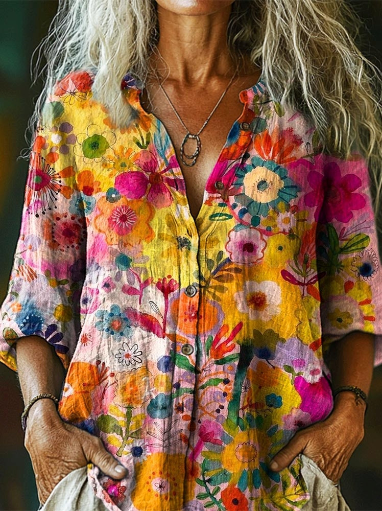 Women's Bohemian Colorful Floral Print Comfortable Cotton Shirt