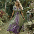 Vintage Gradient Purple Floral Embroidered Linen Short Sleeve Maxi Dress artswardrobe