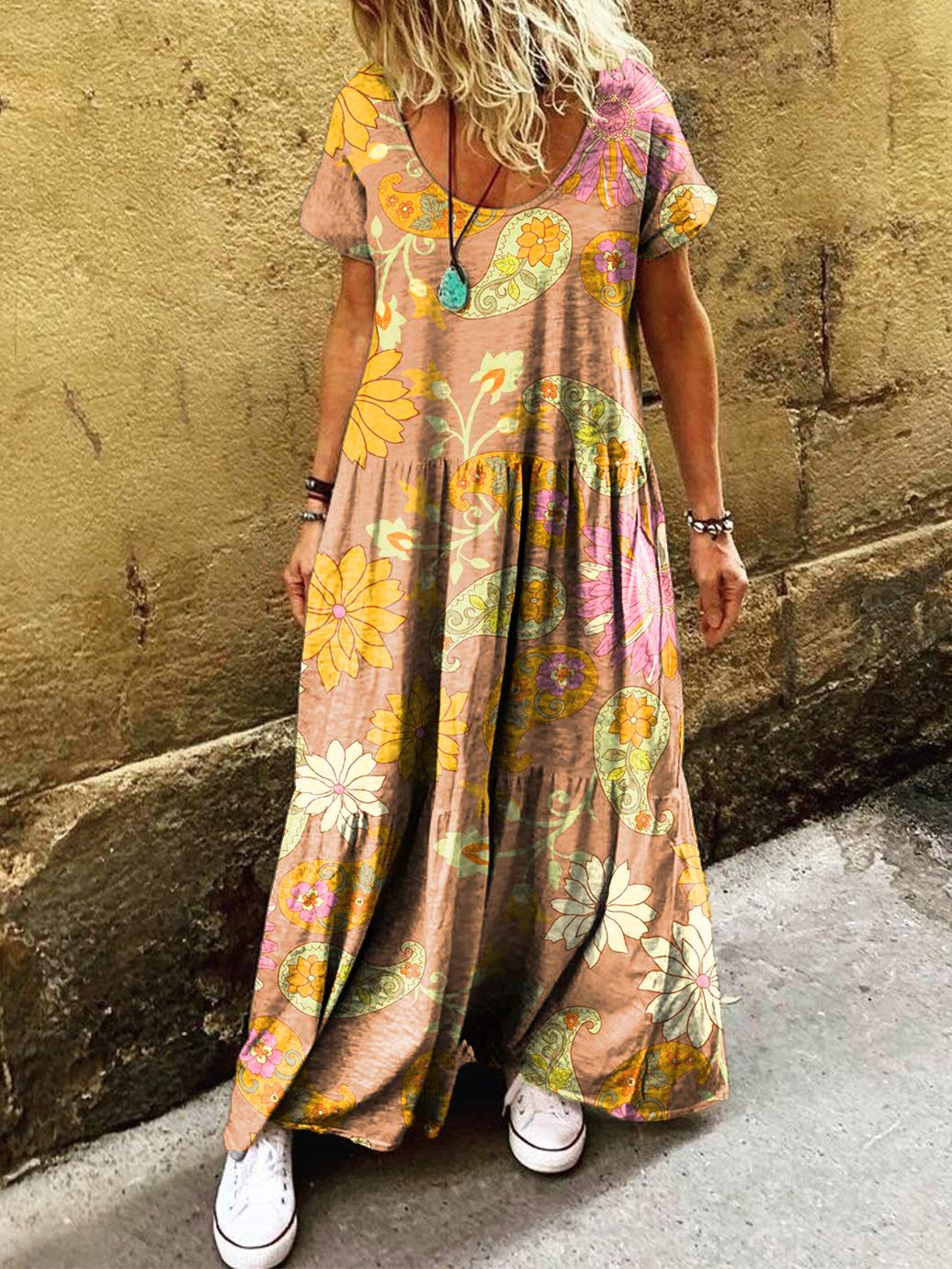 Women's Hippie Art Floral Print Round Neck Short Sleeve Dress