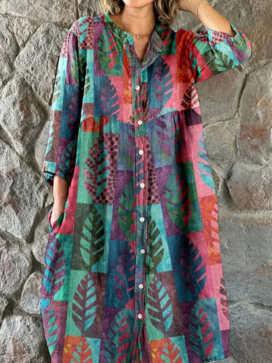 Women's Elegant Retro Abstract Art Leaf Print Shirt Style Cotton and L