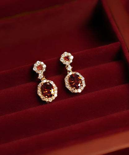 Chinese Style Red Copper Overgild Zircon Gem Stone Drop Earrings