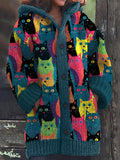 Colorful Cat Pattern Cozy Hooded Cardigan elevenforest