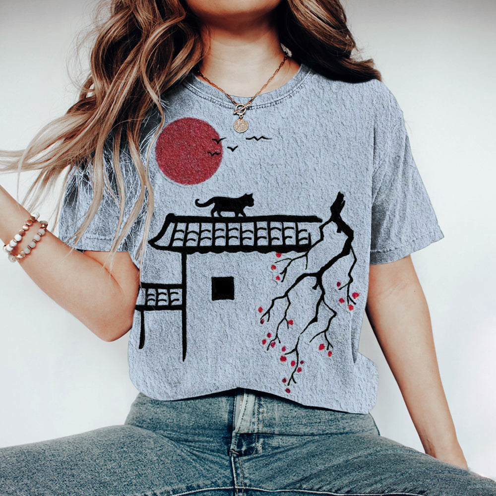 Japanese Cat Sunset Print Women's T-shirt elevenforest