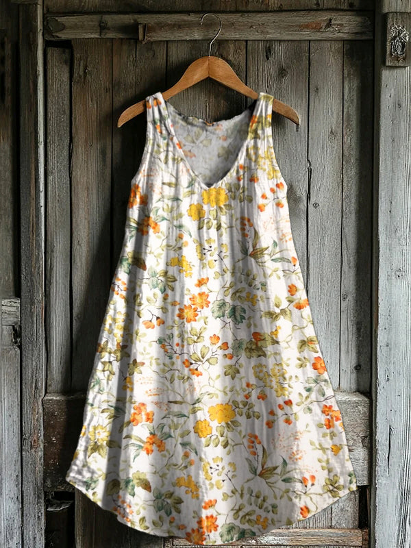 Women's Vintage Ethnic Flower Art Print V-neck Pocket Cotton Dress