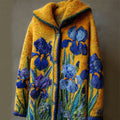 Comstylish Vintage Irises Inspired Felt Embroidered Cozy Knit Hooded Cardigan