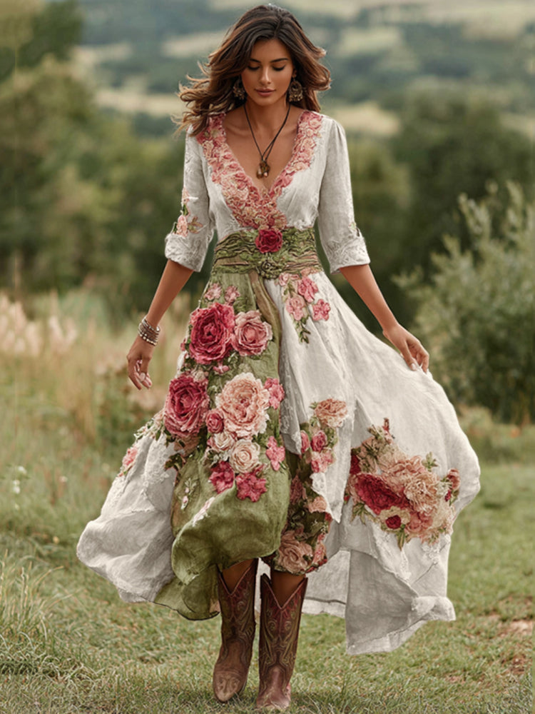 Women's Vintage Floral Art V Neck Linen Blend Maxi Dress artswardrobe