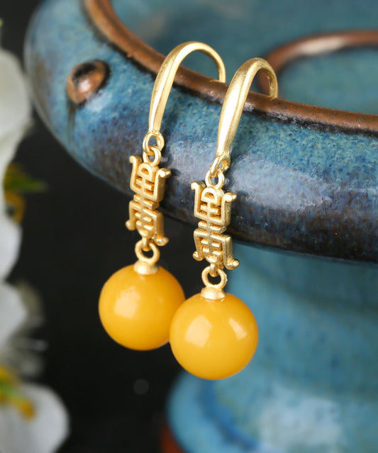 Yellow Sterling Silver Overgild Inlaid Spheroidal Beeswax Drop Earrings