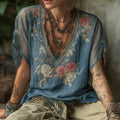 Women's Vintage Floral Embroidery V-neck T-shirt artswardrobe