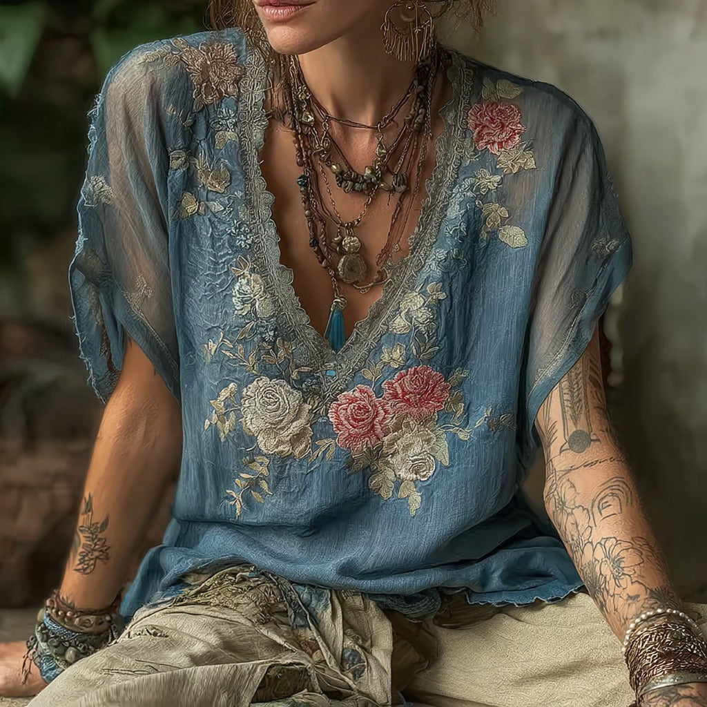 Women's Vintage Floral Embroidery V-neck T-shirt artswardrobe
