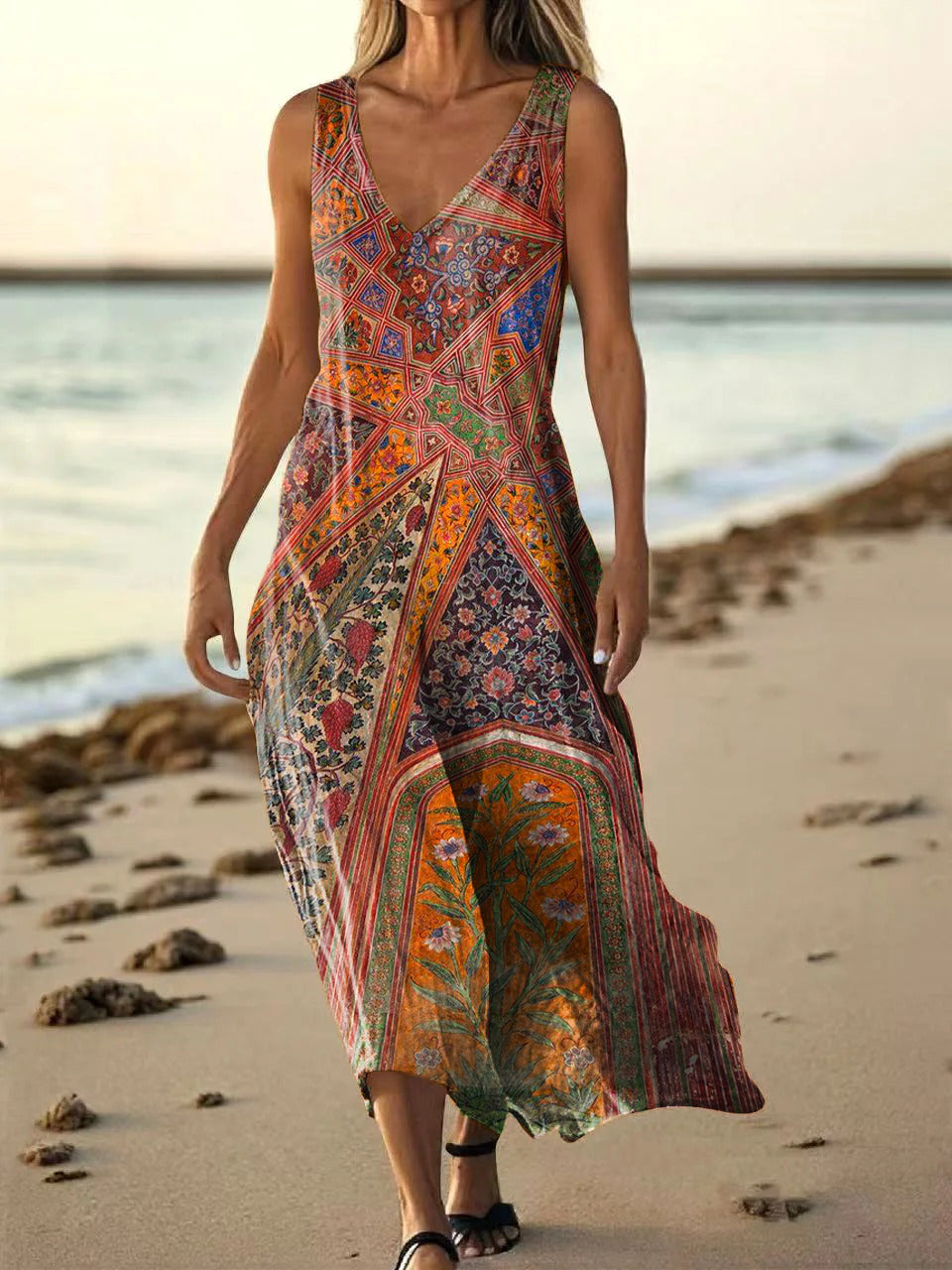 Women's Vintage Bohemian Floral Art Print Pocket Cotton Dress