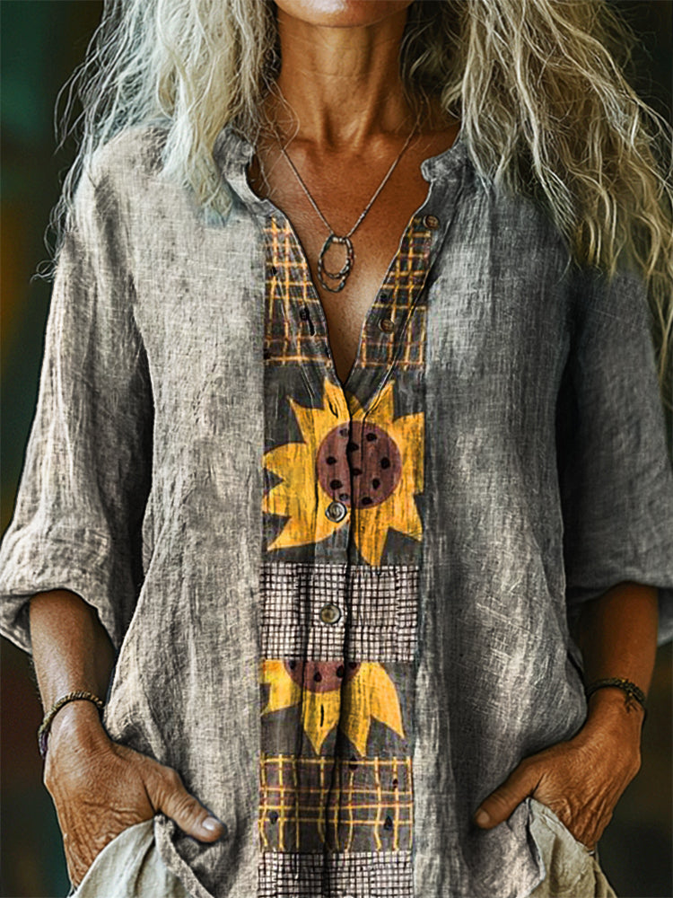 Women's Vintage Sunfloral Art Print Casual Cotton Linen Shirt