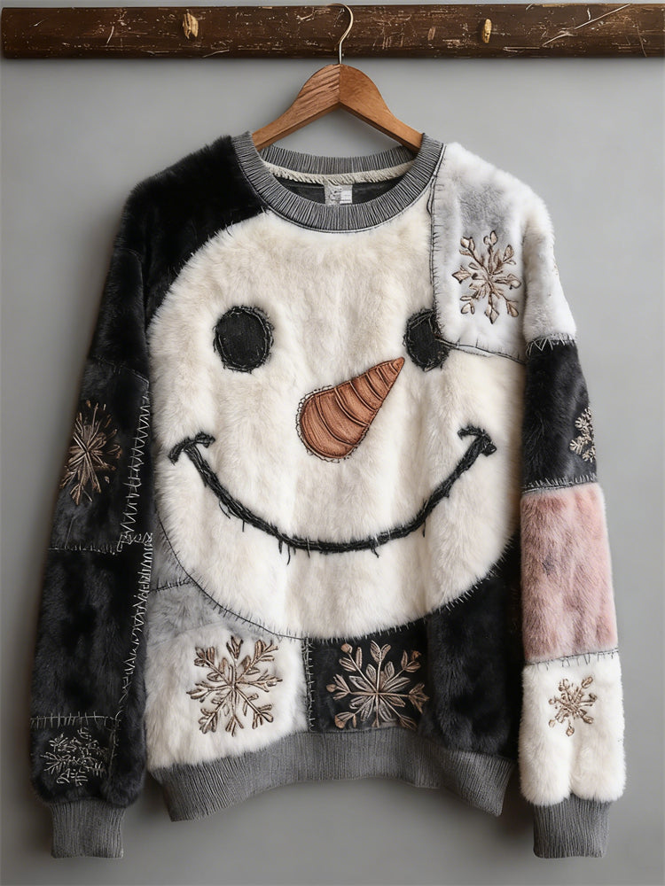 Comstylish Vintage Snowman & Snowflakes Patchwork Cozy Plush Sweatshirt