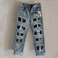 Comstylish Halloween Skeleton Anatomy White Roses Distressed Patched Jeans