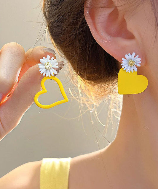 Yellow Alloy Baked Enamel Asymmetrical Love Stud Earrings