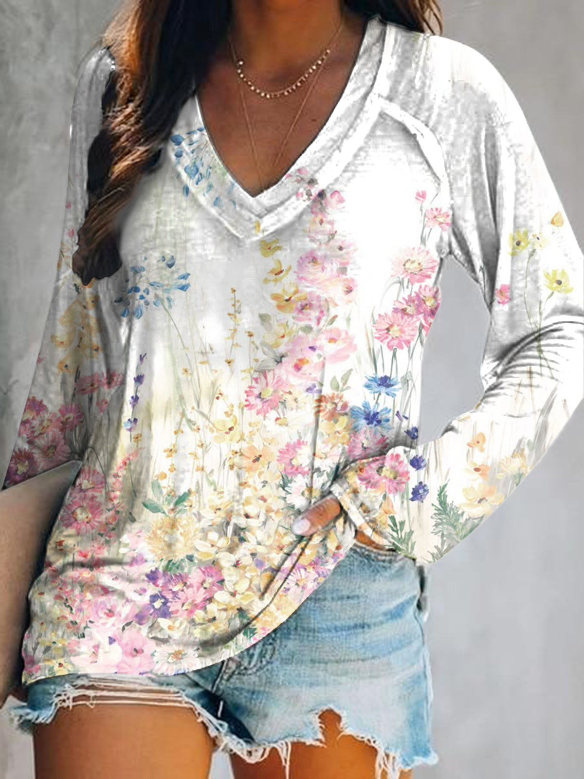 Women's Casual Vintage Floral Art Print V Neck Long Sleeve Tops
