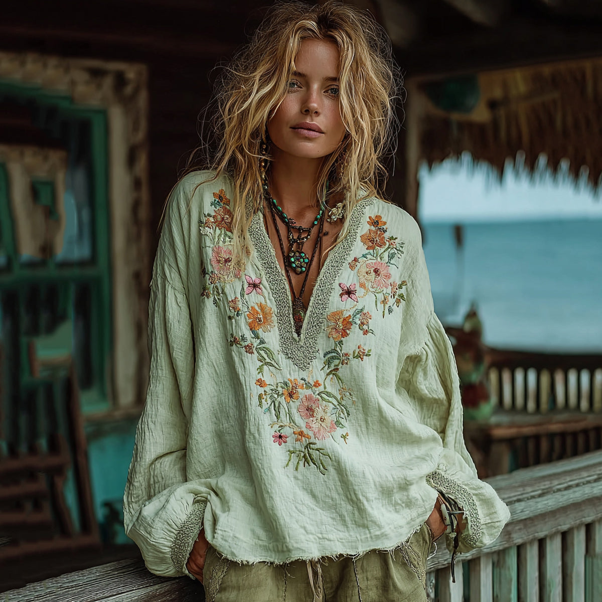 Women's Vacation Boho Floral With Butterfly Print V-neck Linen Blend Tops elevenforest