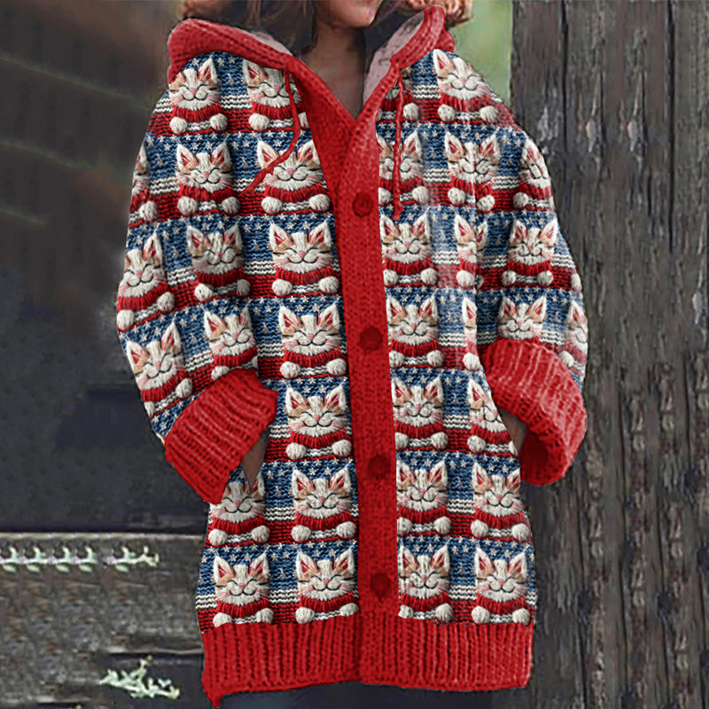 Women's Cat With Red Scarf And American Flag Elements Embroidery Art Graphics Cozy Cardigan Sweater elevenforest