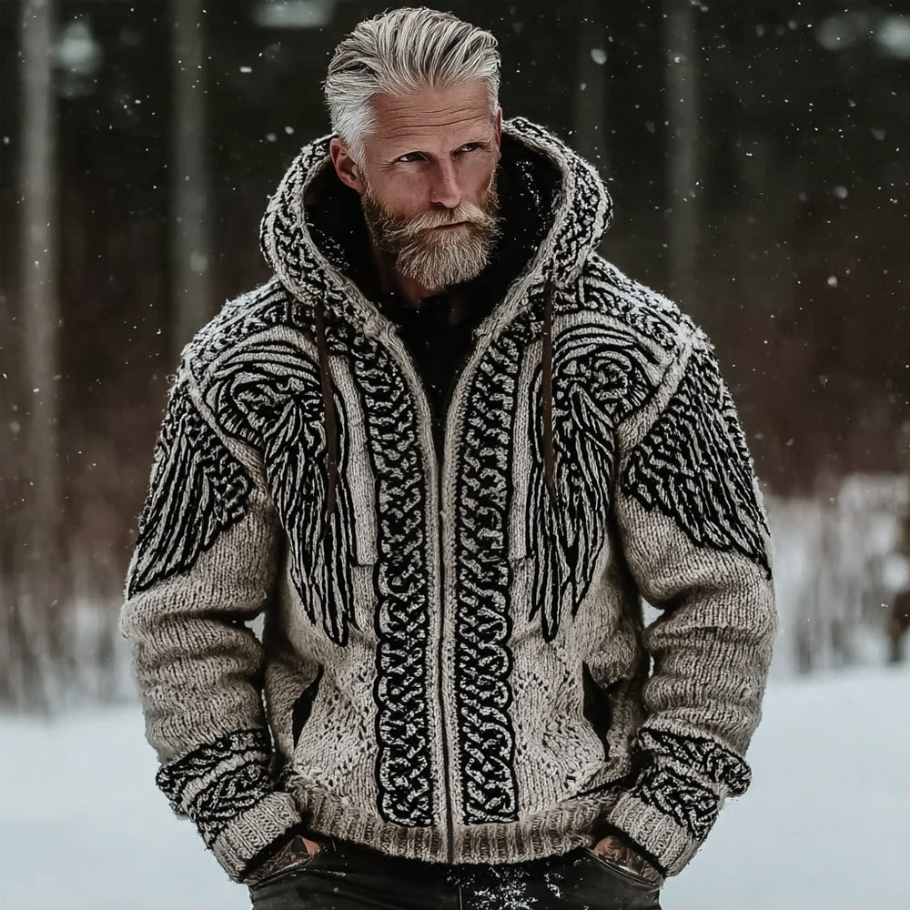 Men's Viking Celtic Wings Full Zip Chunky Knit Hoodie elevenforest