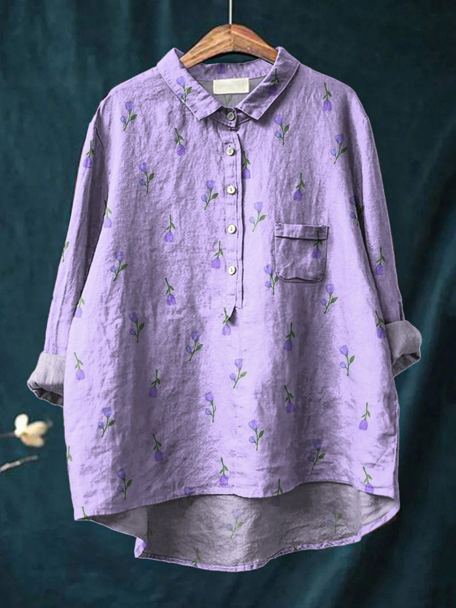 Petite Lilac Tulip Floral Pattern Printed Women's Casual Cotton And Linen Shirt