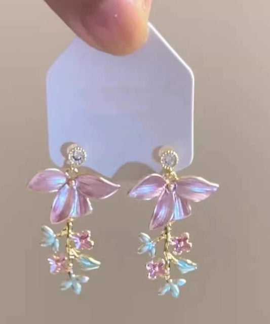Novelty Pink Copper Zircon Enamel Tassel Drop Earrings