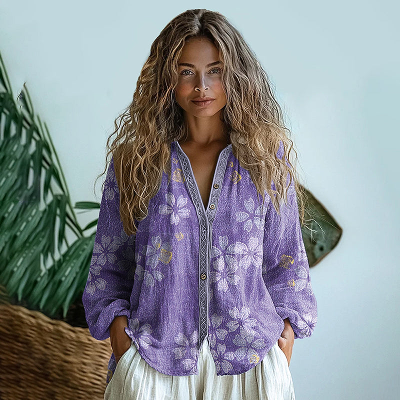 Comstylish Bohemian Style Floral Linen Print Long Sleeve Shirt