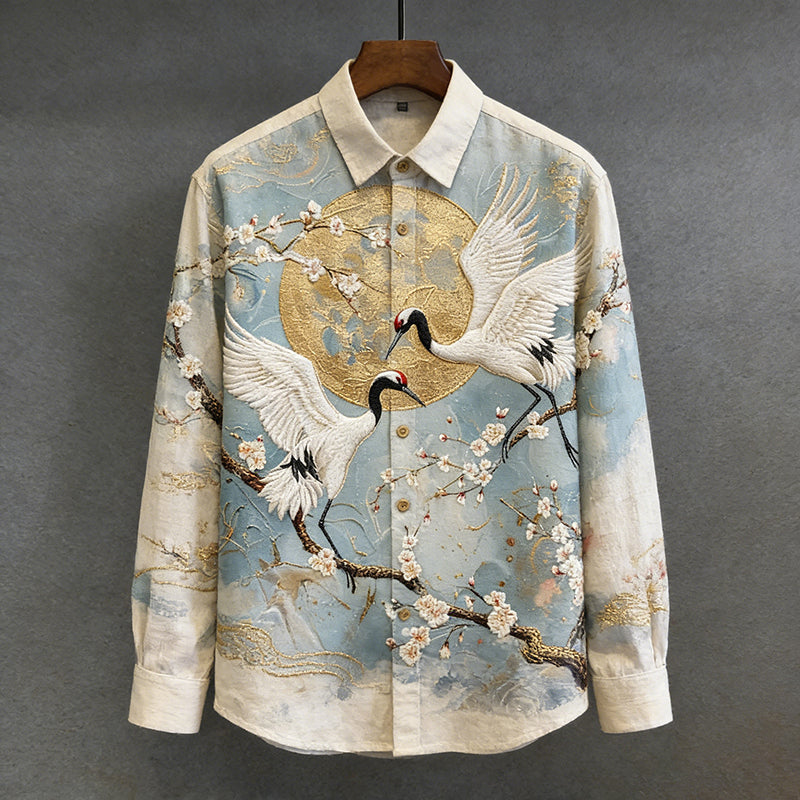 Men's Cranes With Apricot Blossoms Painting Art Linen Shirt elevenforest