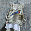 Comstylish Women's Vintage Striped Butterfly And Bird Art Embroidery Cotton And Linen Shirt